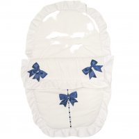 Plain White/Navy Car Seat Footmuff/Cosytoes With Large Bows & Lace